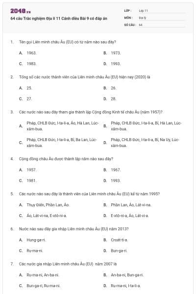 64 câu Trắc nghiệm Địa lí 11 Cánh diều Bài 9 có đáp án