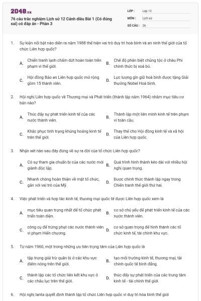 76 câu trắc nghiệm Lịch sử 12 Cánh diều Bài 1 (Có đúng sai) có đáp án - Phần 3