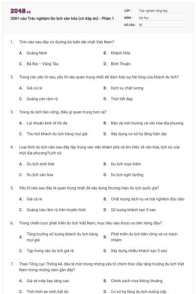 300+ câu Trắc nghiệm Du lịch văn hóa (có đáp án) - Phần 1