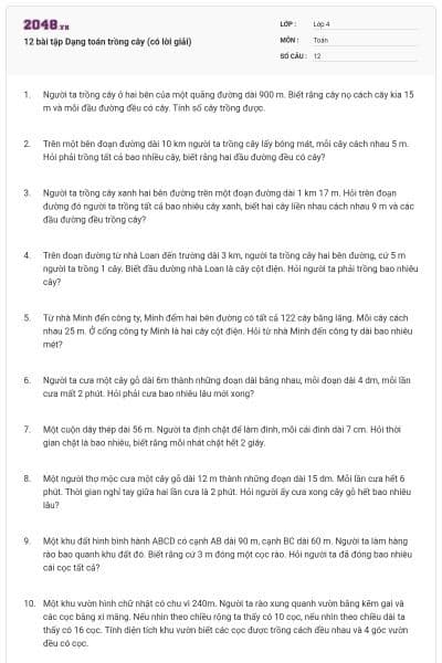 12 bài tập Dạng toán trồng cây (có lời giải)