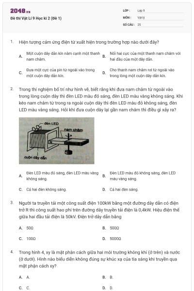 Đề thi Vật Lí 9 Học kì 2 (Đề 1)