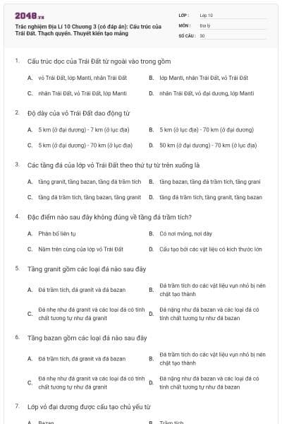 Trắc nghiệm Địa Lí 10 Chương 3 (có đáp án): Cấu trúc của Trái Đất. Thạch quyển. Thuyết kiến tạo mảng
