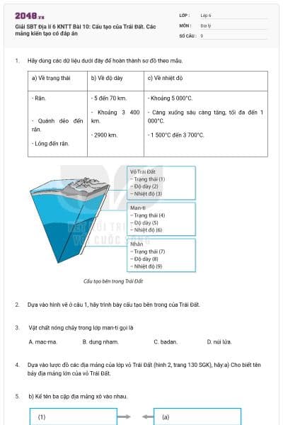 Giải SBT Địa lí 6 KNTT Bài 10: Cấu tạo của Trái Đất. Các mảng kiến tạo có đáp án