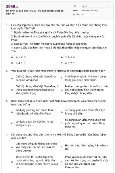 Ôn luyện đề số 5 THPTQG 2019 tổ hợp KHXH có đáp án (Lịch sử)