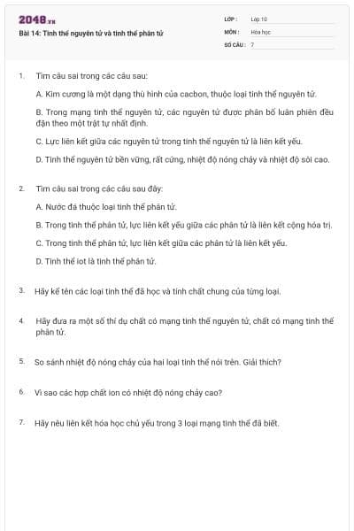 Bài 14: Tinh thể nguyên tử và tinh thể phân tử