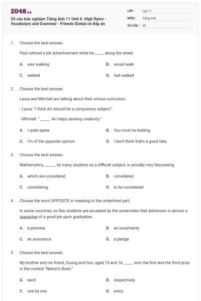 20 câu trắc nghiệm Tiếng Anh 11 Unit 6. High flyers - Vocabulary and Grammar - Friends Global có đáp án