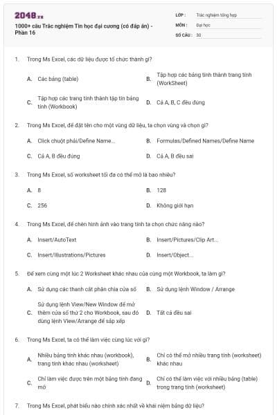 1000+ câu Trắc nghiệm Tin học đại cương (có đáp án) - Phần 16
