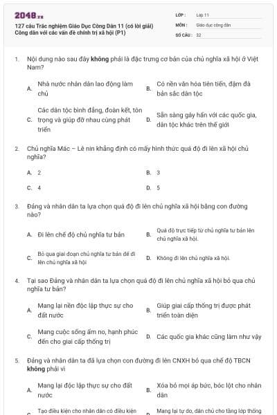 127 câu Trắc nghiệm Giáo Dục Công Dân 11 (có lời giải) Công dân với các vấn đề chính trị xã hội (P1)