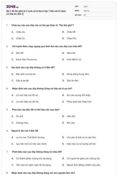 Bộ 2 đề thi giữa kì 2 Lịch sử & Địa lí lớp 7 Kết nối tri thức có đáp án (Đề 2)
