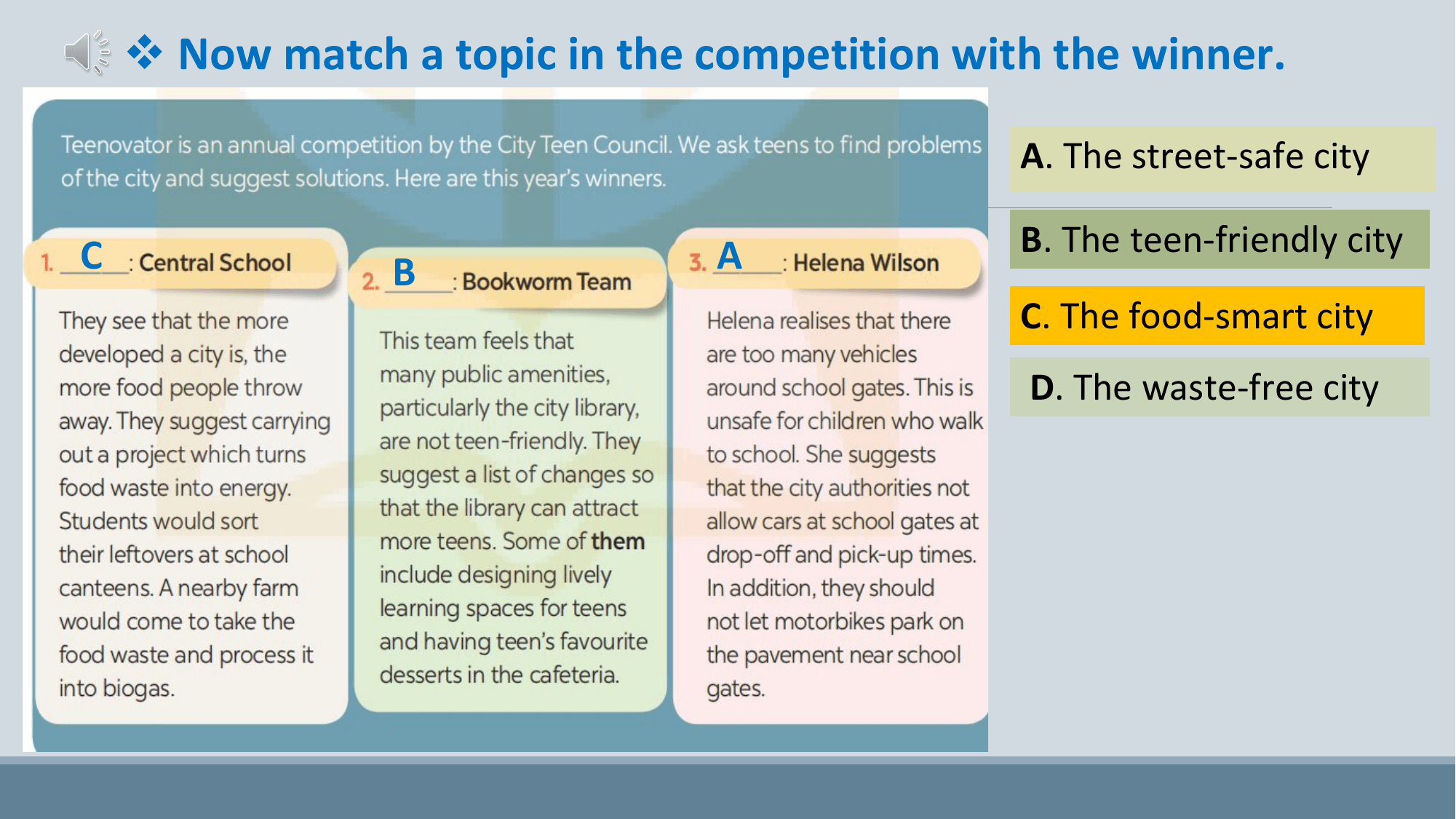 v Now match a topic in the competition with the winner.

 A. The street-safe city

C A B. The teen-friendly city
 B
 C. The food-smart city
 D. The waste-free city