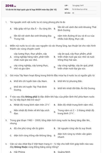 10 đề thi thi thpt quốc gia tổ hợp KHXH môn Địa (Đề 10)