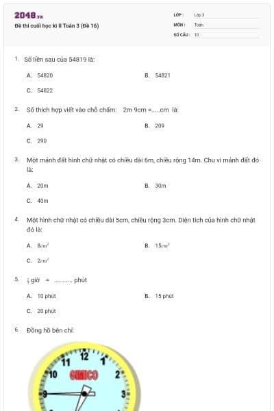 Đề thi cuối học kì II Toán 3 (Đề 16)