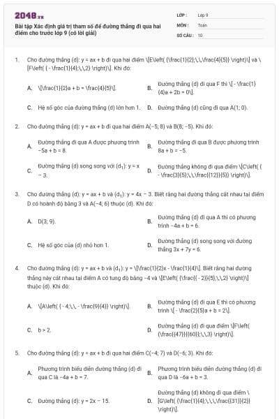 Bài tập Xác định giá trị tham số để đường thẳng đi qua hai điểm cho trước lớp 9 (có lời giải)