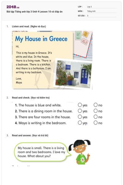 Bài tập Tiếng anh lớp 3 Unit 4 Lesson 10 có đáp án
