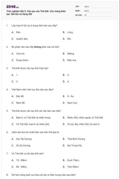 Trắc nghiệm Bài 9: Cấu tạo của Trái Đất. Các mảng kiến tạo. Núi lửa và động đất