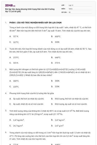 Bài tập Vận dụng phương trình trạng thái của khí lí tưởng lớp 12 (có lời giải)