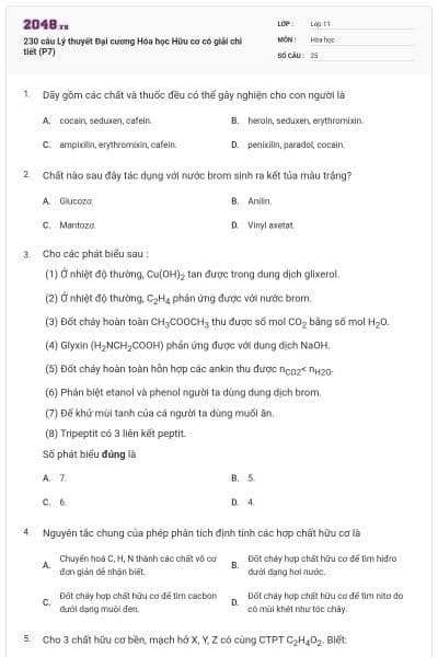 230 câu Lý thuyết Đại cương Hóa học Hữu cơ có giải chi tiết (P7)