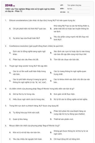1000+ câu Trắc nghiệm Nhập môn xử lý ngôn ngữ tự nhiên có đáp án - Phần 12