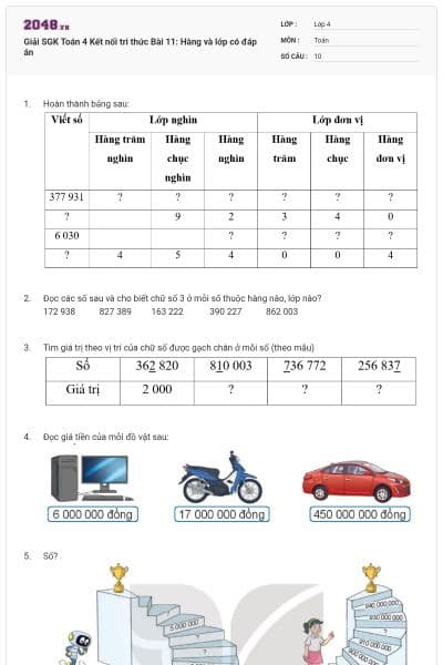 Giải SGK Toán 4 Kết nối tri thức Bài 11: Hàng và lớp có đáp án