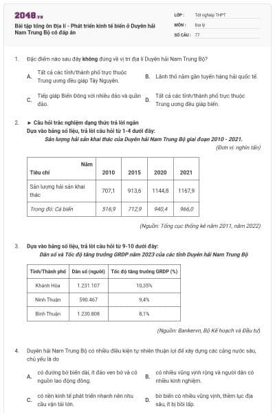 Bài tập tổng ôn Địa lí - Phát triển kinh tế biển ở Duyên hải Nam Trung Bộ có đáp án