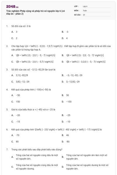 Trắc nghiệm Phép cộng và phép trừ số nguyên lớp 6 (có đáp án - phần 2)