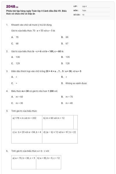 Phiếu bài tập hàng ngày Toán lớp 4 Cánh diều Bài 49. Biểu thức có chứa chữ có đáp án
