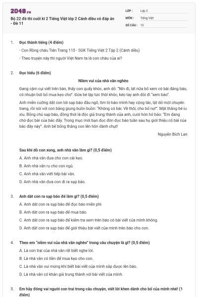 Bộ 22 đề thi cuối kì 2 Tiếng Việt lớp 2 Cánh diều có đáp án - Đề 11