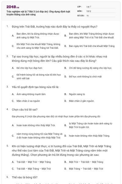 Trắc nghiệm vật lý 7 Bài 3 (có đáp án): Ứng dụng định luật truyền thẳng của ánh sáng