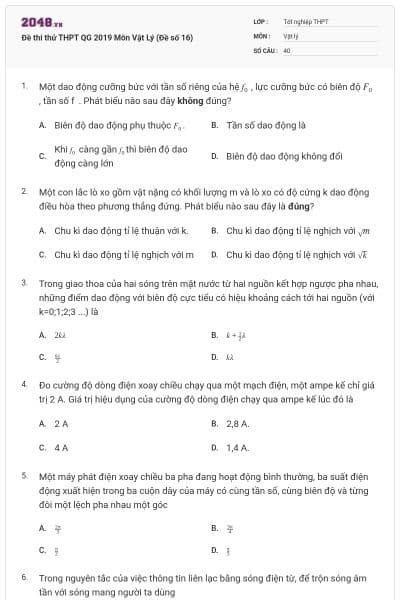 Đề thi thử THPT QG 2019 Môn Vật Lý (Đề số 16)