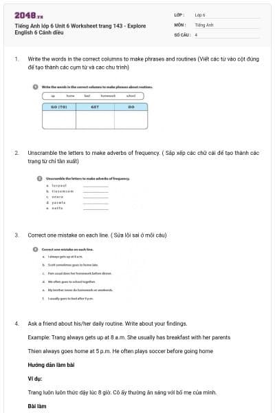 Tiếng Anh lớp 6 Unit 6 Worksheet trang 143 - Explore English 6 Cánh diều