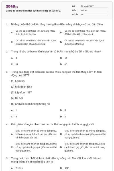 25 Bộ đề thi thử Sinh Học cực hay có đáp án (Đề số 2)