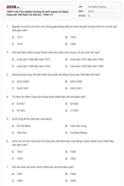 1000+ câu Trắc nghiệm Đường lối cách mạng của Đảng Cộng sản Việt Nam (có đáp án) - Phần 14