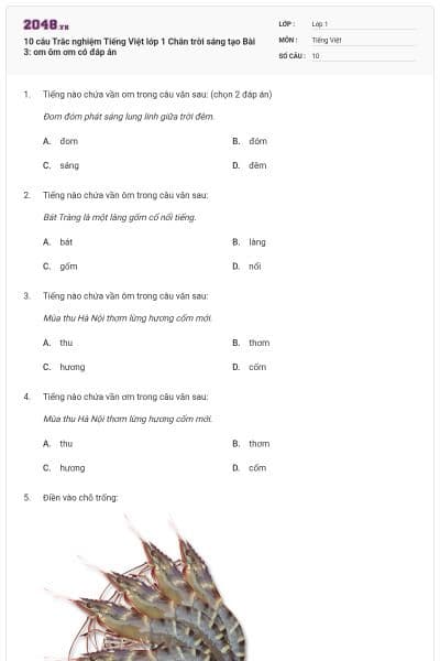 10 câu Trắc nghiệm Tiếng Việt lớp 1 Chân trời sáng tạo Bài 3: om ôm ơm có đáp án