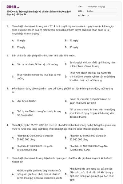 1000+ câu Trắc nghiệm Luật và chính sách môi trường (có đáp án) - Phần 34
