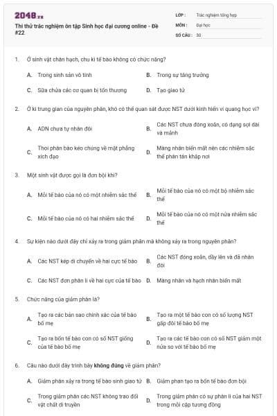 Thi thử trắc nghiệm ôn tập Sinh học đại cương online - Đề #22