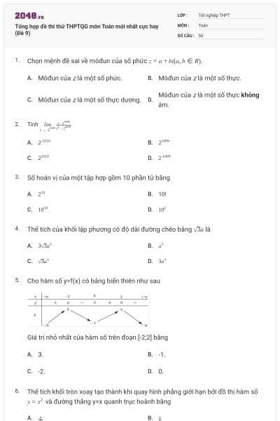 Tổng hợp đề thi thử THPTQG môn Toán mới nhất cực hay (Đề 9)