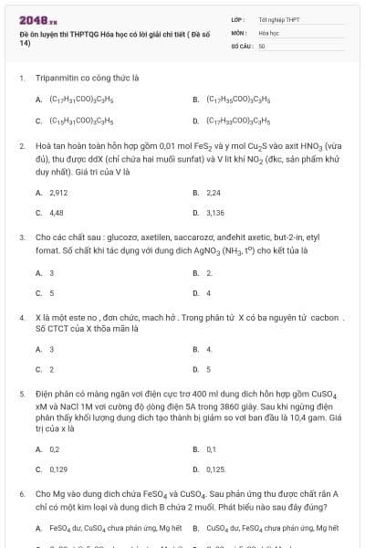 Đề ôn luyện thi THPTQG Hóa học có lời giải chi tiết ( Đề số 14)