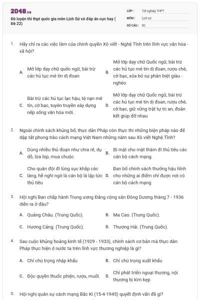 Đề luyện thi thpt quốc gia môn Lịch Sử có đáp án cực hay ( Đề 22)