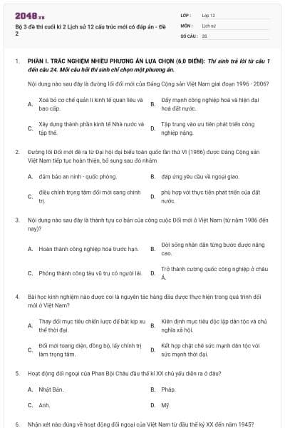 Bộ 3 đề thi cuối kì 2 Lịch sử 12 cấu trúc mới có đáp án - Đề 2