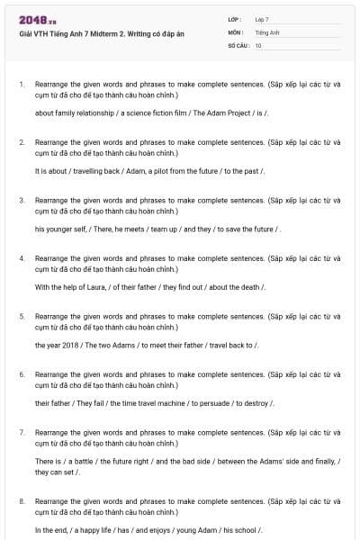 Giải VTH Tiếng Anh 7 Midterm 2. Writing có đáp án