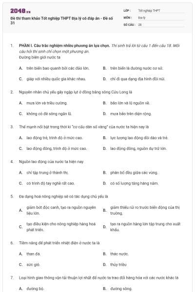 Đề thi tham khảo Tốt nghiệp THPT Địa lý có đáp án - Đề số 31