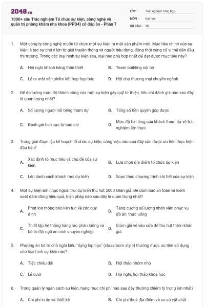 1000+ câu Trắc nghiệm Tổ chức sự kiện, công nghệ và quản trị phòng khám nha khoa (PPD4) có đáp án - Phần 7