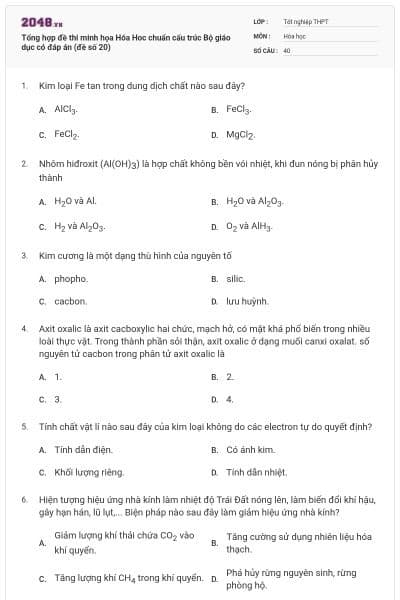 Tổng hợp đề thi minh họa Hóa Hoc chuẩn cấu trúc Bộ giáo dục có đáp án (đề số 20)