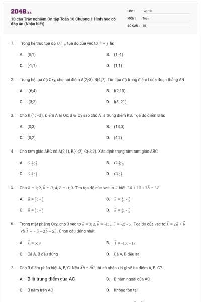 10 câu Trắc nghiệm Ôn tập Toán 10 Chương 1 Hình học có đáp án (Nhận biết)