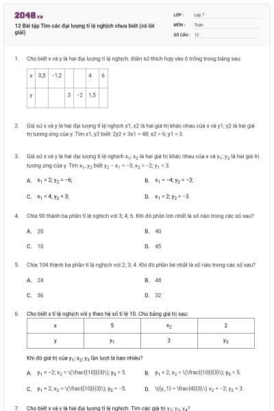 12 Bài tập Tìm các đại lượng tỉ lệ nghịch chưa biết (có lời giải)