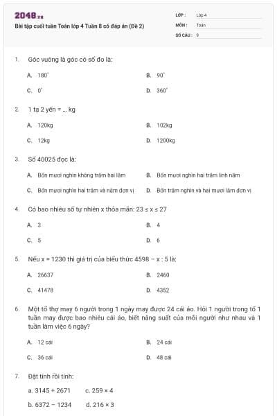 Bài tập cuối tuần Toán lớp 4 Tuần 8 có đáp án (Đề 2)