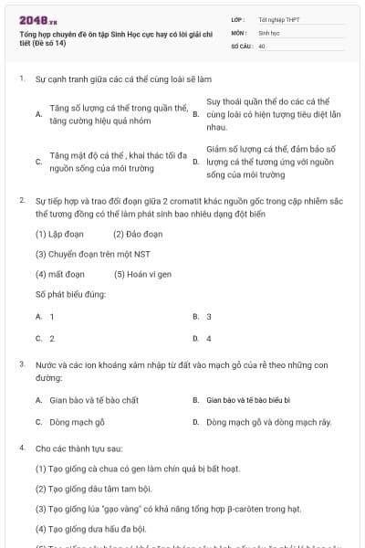 Tổng hợp chuyên đề ôn tập Sinh Học cực hay có lời giải chi tiết (Đề số 14)