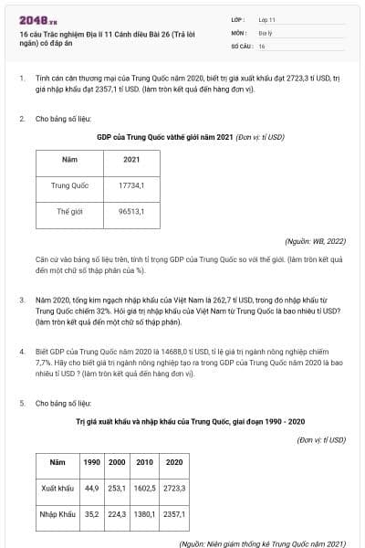 16 câu Trắc nghiệm Địa lí 11 Cánh diều Bài 26 (Trả lời ngắn) có đáp án