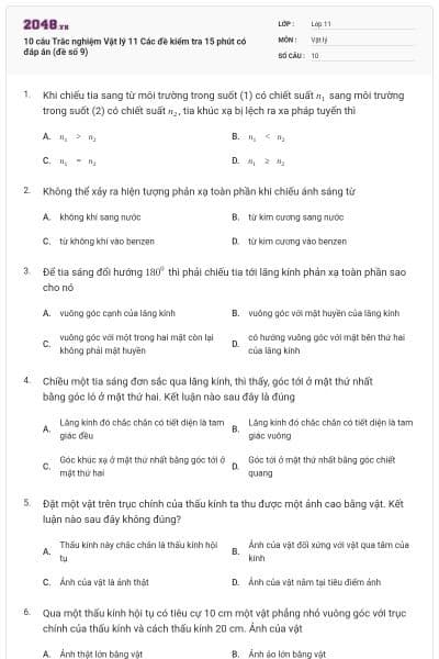 10 câu Trắc nghiệm Vật lý 11 Các đề kiểm tra 15 phút có đáp án (đề số 9)