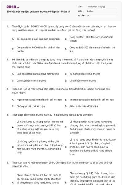 400 câu trắc nghiệm Luật môi trường có đáp án - Phần 14